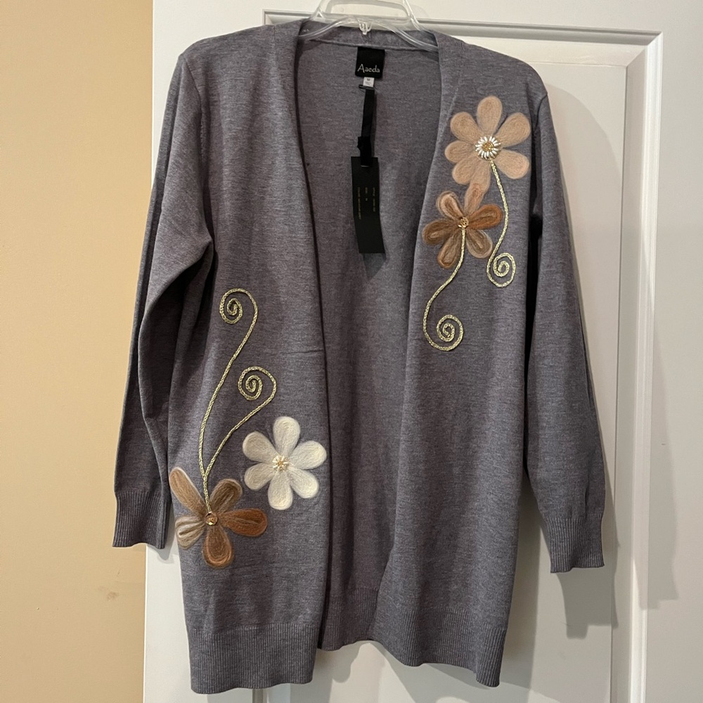 Gray Floral Embroidered Women's Sweater Cardigan
